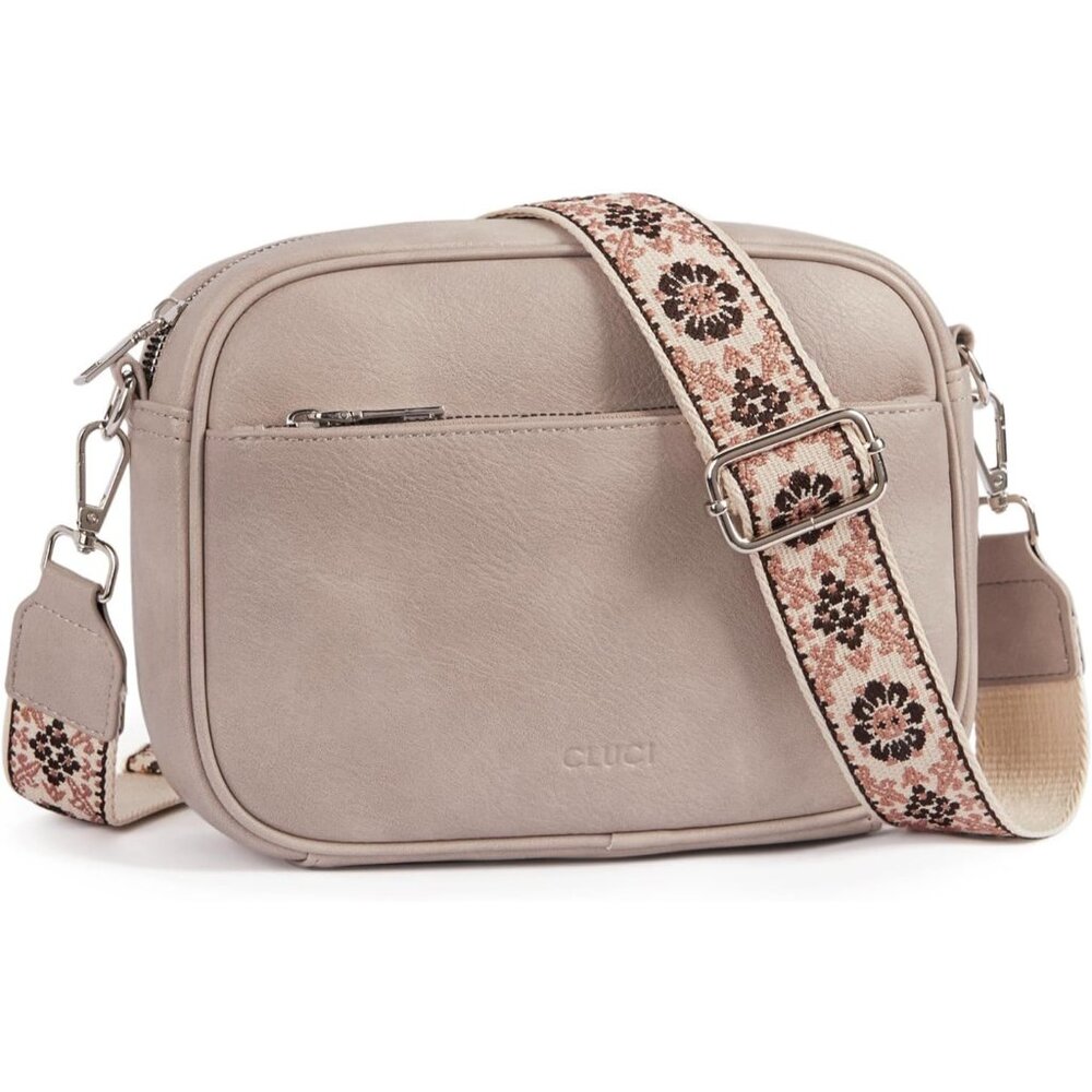 Women Grey Vegan Leather  Crossbody Bag with Adjustable Wide Strap
